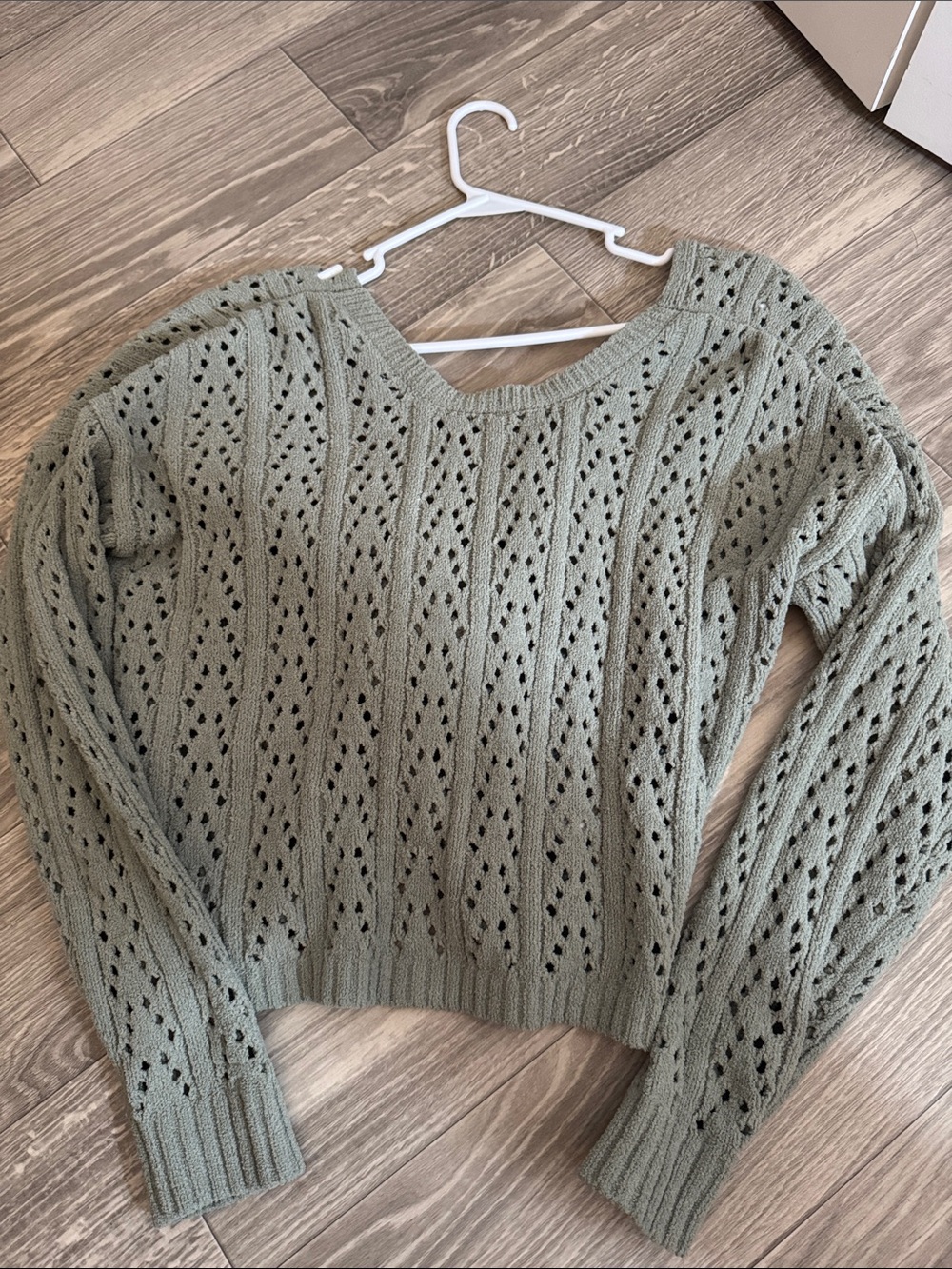 Light Olive Open-Knit Crewneck Sweater